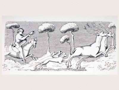Nature and Appearance of Deer and How They Can Be Hunted with Dogs (after a miniature in the 15th century Manuscript of Phoebus, from 